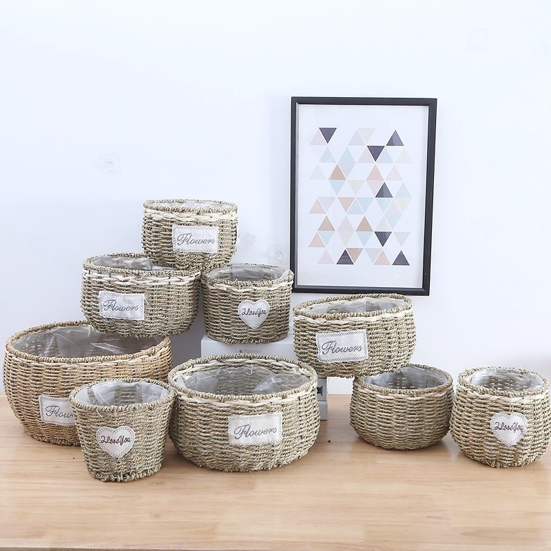 Virágcserép növényi rostokból, kézzel szőtt, biológiailag lebomló, pasztorális stílus