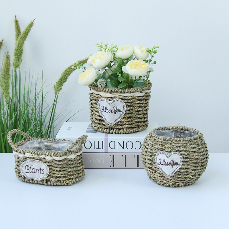 Virágcserép növényi rostokból, kézzel szőtt, biológiailag lebomló, pasztorális stílus