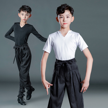 Berniškas latino šokių pasirodymo komplektas su dryžių kelnėmis, vaikams skirtas treniruočių šokių apranga latino, Milk Silk audinys, poliesteris 50% + pamušalas 50%