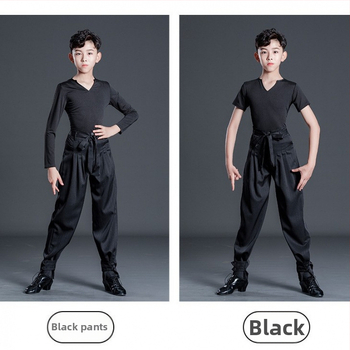 Berniškas latino šokių pasirodymo komplektas su dryžių kelnėmis, vaikams skirtas treniruočių šokių apranga latino, Milk Silk audinys, poliesteris 50% + pamušalas 50%