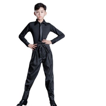 Berniškas latino šokių pasirodymo komplektas su dryžių kelnėmis, vaikams skirtas treniruočių šokių apranga latino, Milk Silk audinys, poliesteris 50% + pamušalas 50%