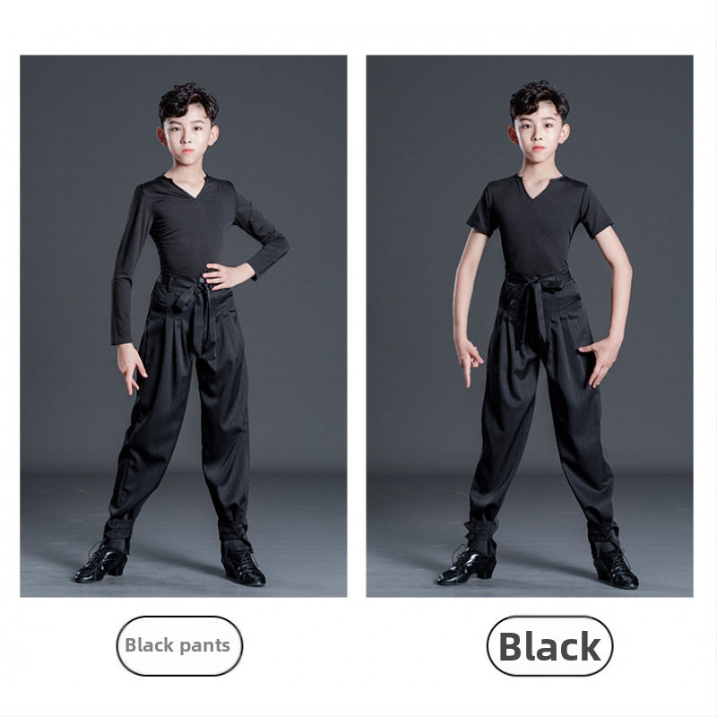 Berniškas latino šokių pasirodymo komplektas su dryžių kelnėmis, vaikams skirtas treniruočių šokių apranga latino, Milk Silk audinys, poliesteris 50% + pamušalas 50%