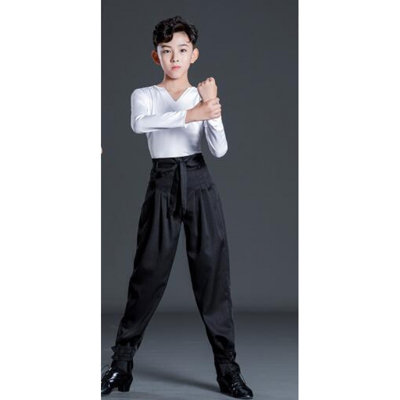 Berniškas latino šokių pasirodymo komplektas su dryžių kelnėmis, vaikams skirtas treniruočių šokių apranga latino, Milk Silk audinys, poliesteris 50% + pamušalas 50%