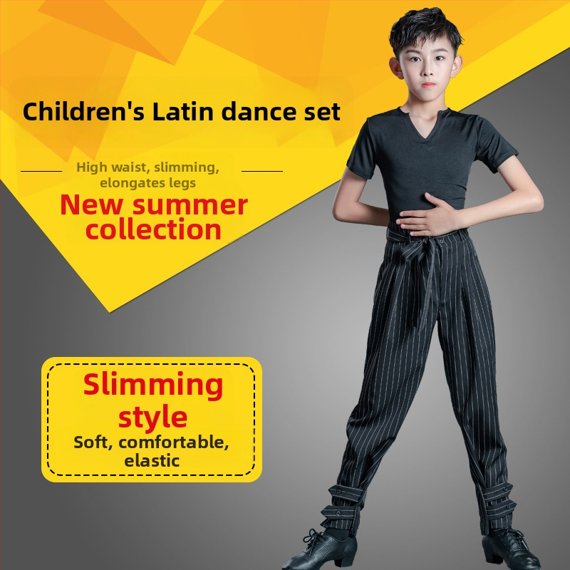 Berniškas latino šokių pasirodymo komplektas su dryžių kelnėmis, vaikams skirtas treniruočių šokių apranga latino, Milk Silk audinys, poliesteris 50% + pamušalas 50%