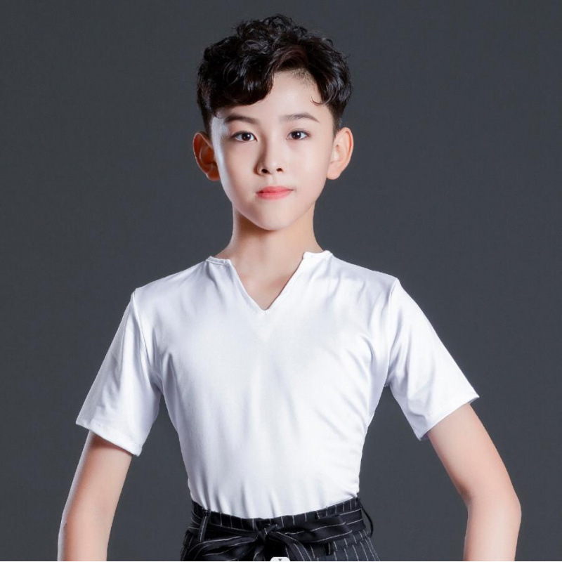 Berniškas latino šokių pasirodymo komplektas su dryžių kelnėmis, vaikams skirtas treniruočių šokių apranga latino, Milk Silk audinys, poliesteris 50% + pamušalas 50%