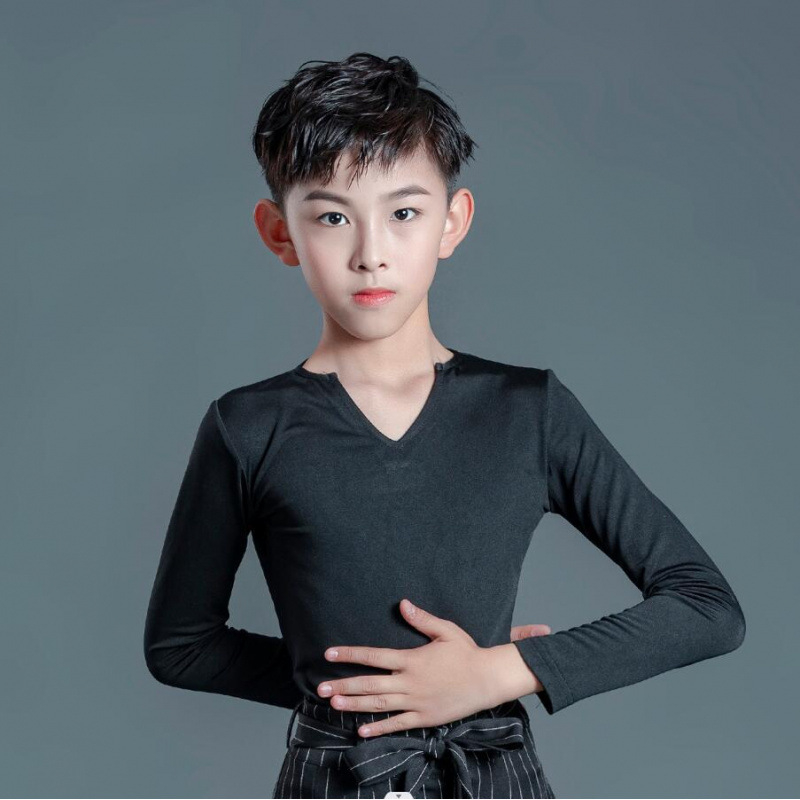 Berniškas latino šokių pasirodymo komplektas su dryžių kelnėmis, vaikams skirtas treniruočių šokių apranga latino, Milk Silk audinys, poliesteris 50% + pamušalas 50%