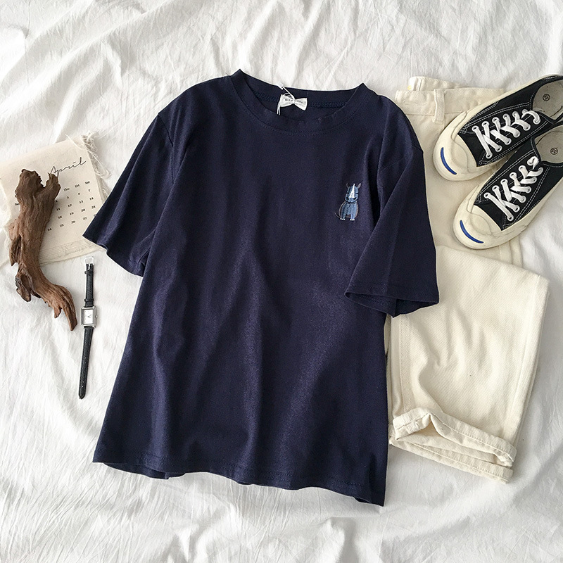 Majica s vezenim motivom životinja, okrugli izrez, kratki rukavi, opušten kroj