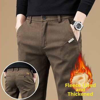 Vyriškos kelnes verslo-kasdieniams stiliui su fliso pamušalu, tiesinis kirpimas, poliesteris, vidinis juosmens aukštis, užtrauktukas
