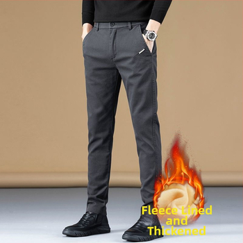 Vyriškos kelnes verslo-kasdieniams stiliui su fliso pamušalu, tiesinis kirpimas, poliesteris, vidinis juosmens aukštis, užtrauktukas
