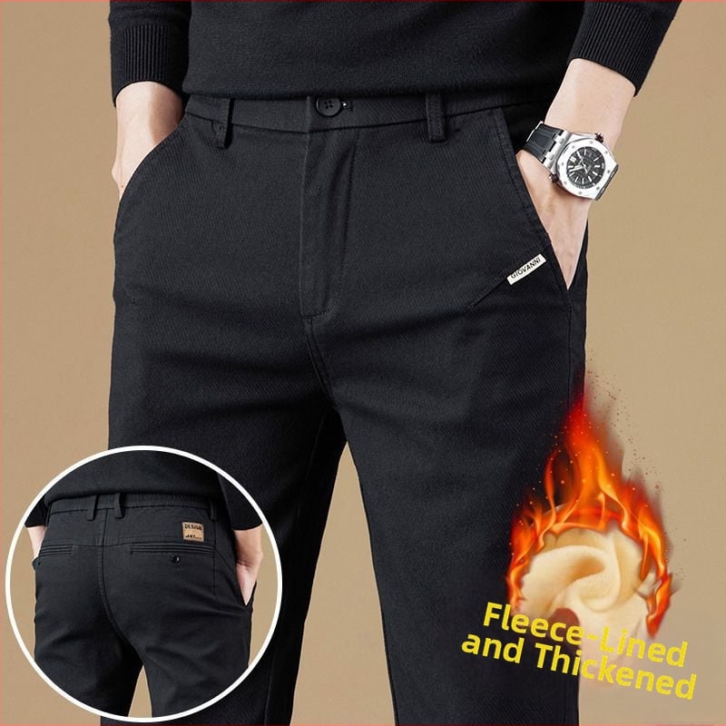 Vyriškos kelnes verslo-kasdieniams stiliui su fliso pamušalu, tiesinis kirpimas, poliesteris, vidinis juosmens aukštis, užtrauktukas