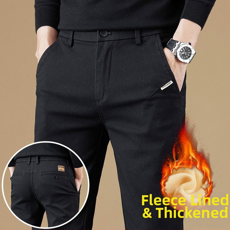Vyriškos kelnes verslo-kasdieniams stiliui su fliso pamušalu, tiesinis kirpimas, poliesteris, vidinis juosmens aukštis, užtrauktukas