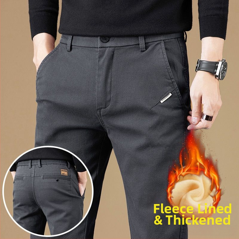 Vyriškos kelnes verslo-kasdieniams stiliui su fliso pamušalu, tiesinis kirpimas, poliesteris, vidinis juosmens aukštis, užtrauktukas
