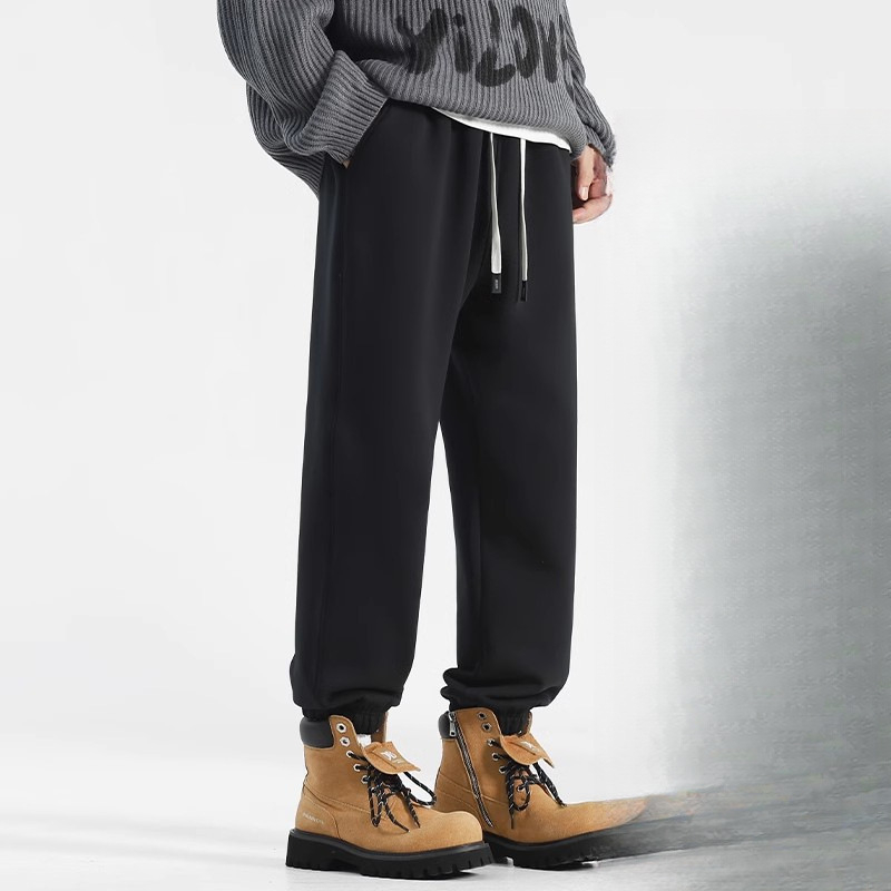 Vyriniai medvilniniai sportiniai kelnės su tiesia kirpimo linija, žiemai, storos, raištelių užsegimas, vienos spalvos