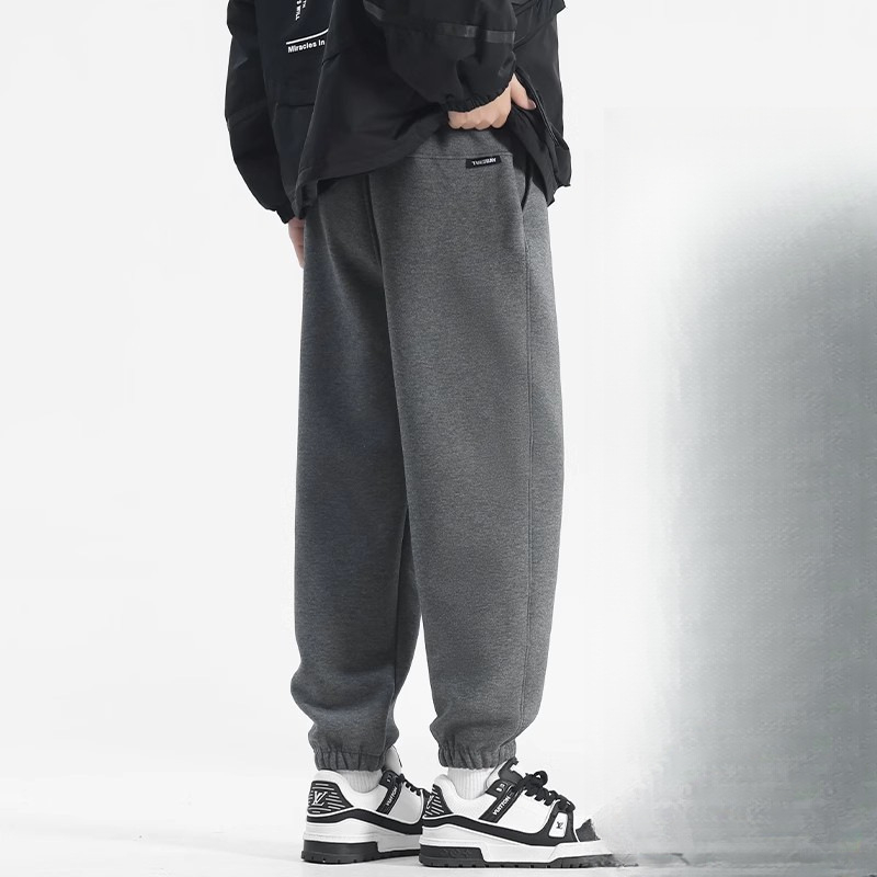 Vyriniai medvilniniai sportiniai kelnės su tiesia kirpimo linija, žiemai, storos, raištelių užsegimas, vienos spalvos