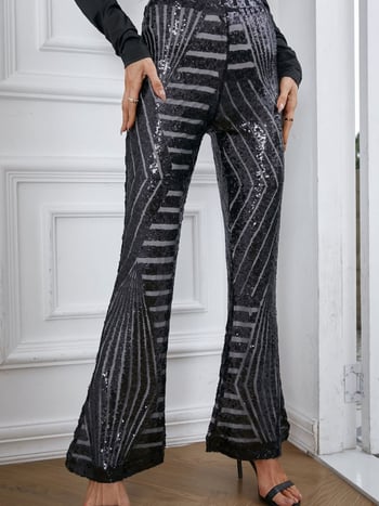 Moteriškos kasdieninės kelnės su sequin patchwork dizainu, aukšto liemens, plataus kirpimo, ilgos kelnės, iš poliesterio.