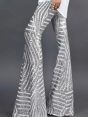 Moteriškos kasdieninės kelnės su sequin patchwork dizainu, aukšto liemens, plataus kirpimo, ilgos kelnės, iš poliesterio.