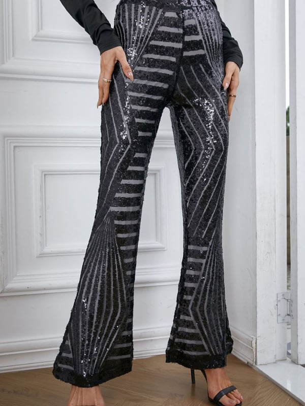 Moteriškos kasdieninės kelnės su sequin patchwork dizainu, aukšto liemens, plataus kirpimo, ilgos kelnės, iš poliesterio.