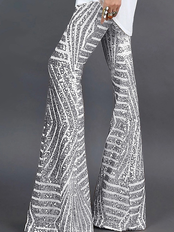 Moteriškos kasdieninės kelnės su sequin patchwork dizainu, aukšto liemens, plataus kirpimo, ilgos kelnės, iš poliesterio.