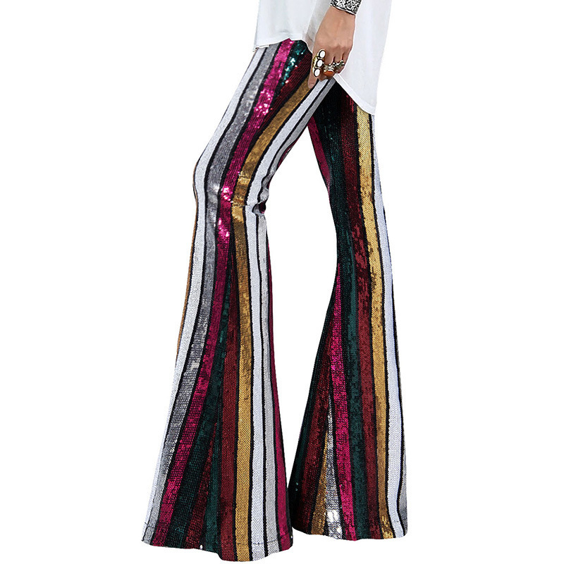 Moteriškos kasdieninės kelnės su sequin patchwork dizainu, aukšto liemens, plataus kirpimo, ilgos kelnės, iš poliesterio.