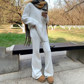 Moteriškos sportinės kelnės su švelniai išsiplėšiančiu kelniu, žieminis fliso pamušalas, žemas juosmuo, ilgos iki grindų, poliesterio–medvilnės mišinys