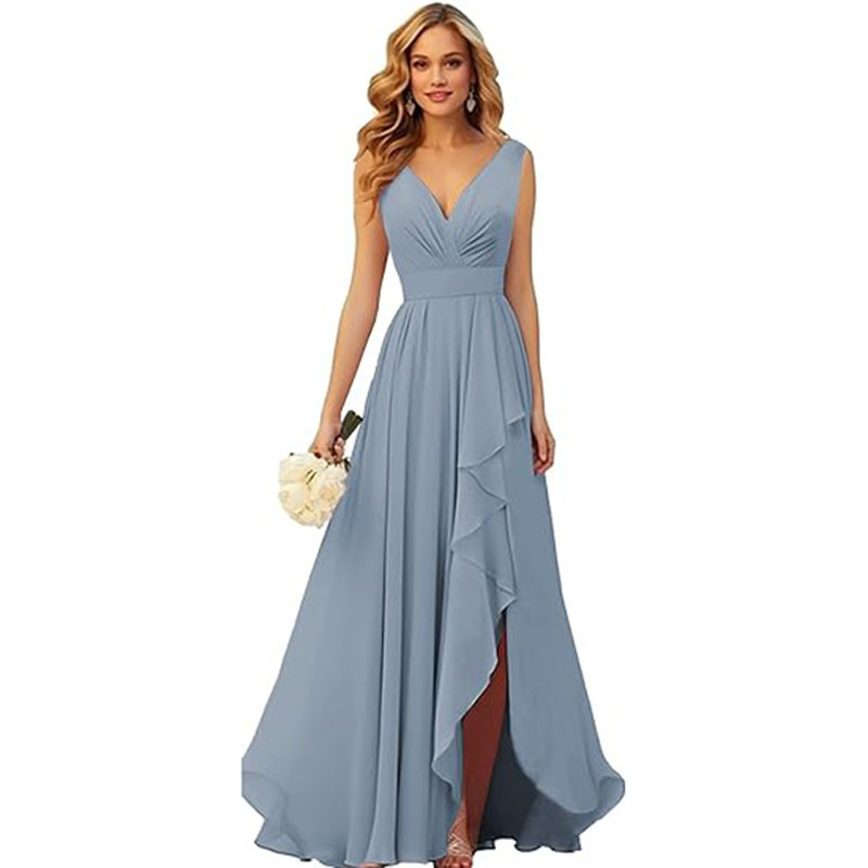 Rochie de seară din poliester, croială A-line, cu un umăr, talie înaltă, lungă.