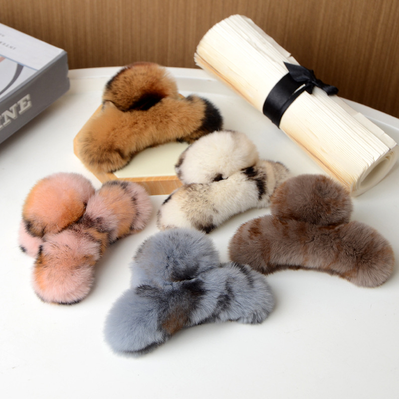 Clamă de păr din blană de iepure Rex, lucrată manual, pentru femei, accesorii din blană