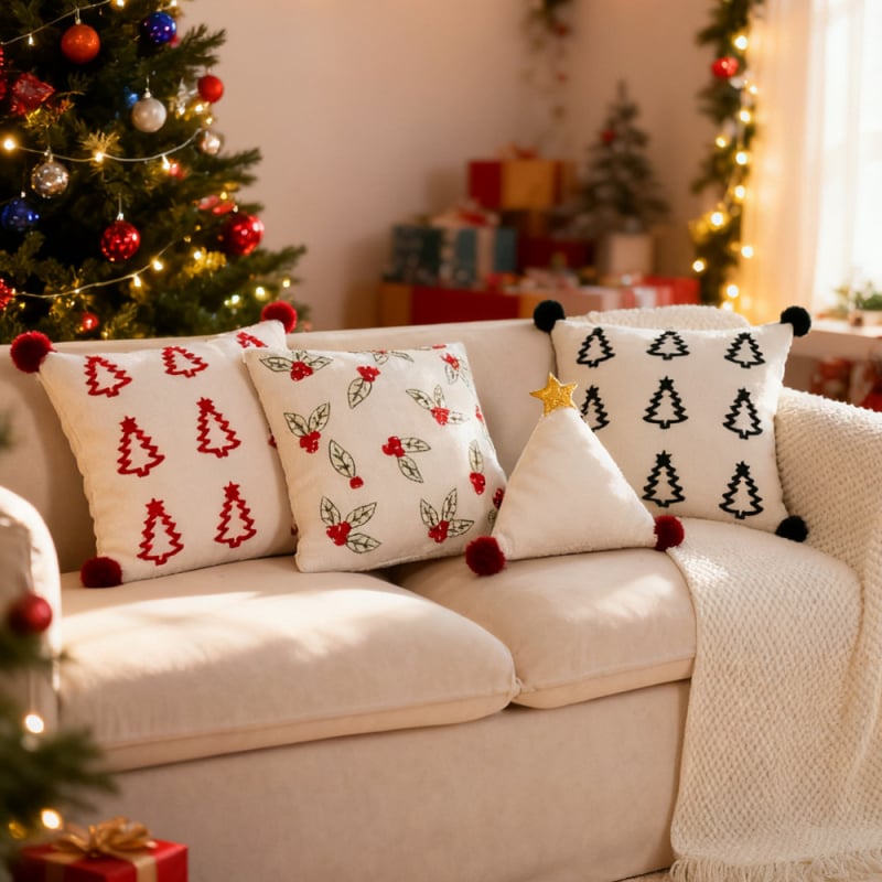 Nordic stílusú párnahuzat, hímzett, karácsonyi motívum, poliészter anyag, nappaliba