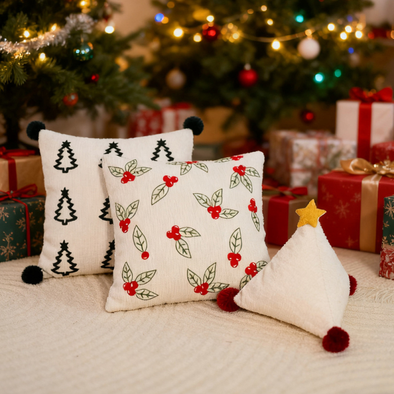 Nordic stílusú párnahuzat, hímzett, karácsonyi motívum, poliészter anyag, nappaliba
