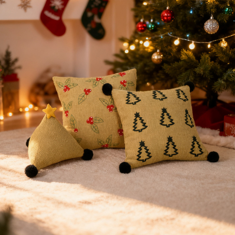 Nordic stílusú párnahuzat, hímzett, karácsonyi motívum, poliészter anyag, nappaliba