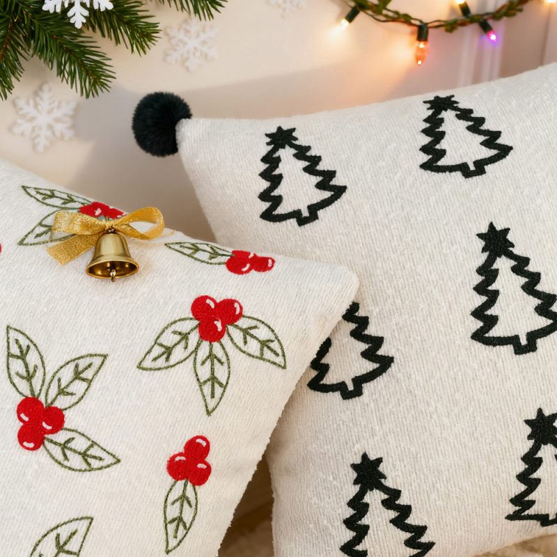 Nordic stílusú párnahuzat, hímzett, karácsonyi motívum, poliészter anyag, nappaliba