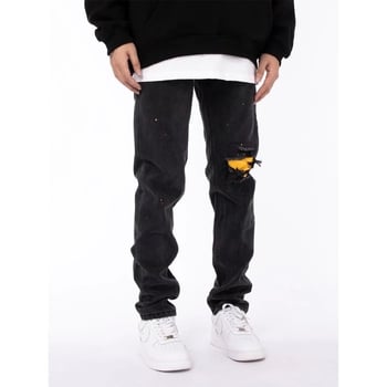 Eiropas un amerikāņu retro stila saplēstas džinsa bikses ar krāsas šļakatām, ielas stils, tievējošas, karsta vasara, vēsas un brīvas, modernas melnas bikses.