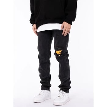 Eiropas un amerikāņu retro stila saplēstas džinsa bikses ar krāsas šļakatām, ielas stils, tievējošas, karsta vasara, vēsas un brīvas, modernas melnas bikses.