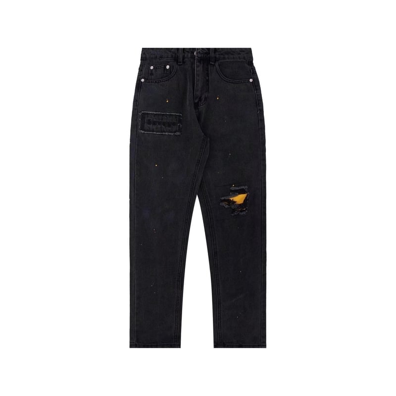 Eiropas un amerikāņu retro stila saplēstas džinsa bikses ar krāsas šļakatām, ielas stils, tievējošas, karsta vasara, vēsas un brīvas, modernas melnas bikses.