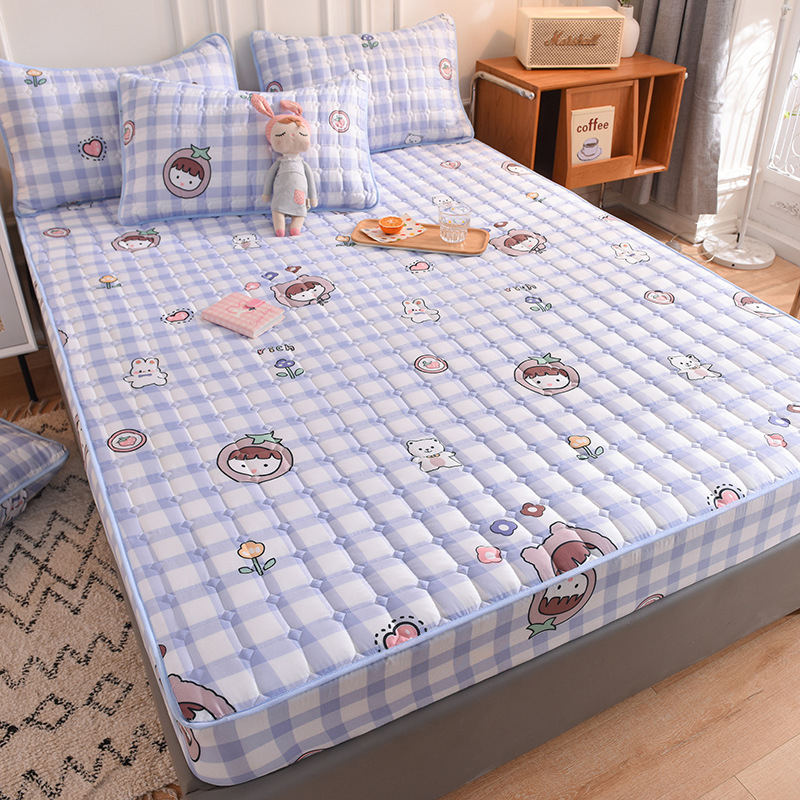 Fésült pamut ágyneműkészlet csúszásmentes, virágos mintázat, 3 részes készlet: lepedő, ágyneműtakaró és matracvédő, kimosott pamut, reaktív nyomtatás