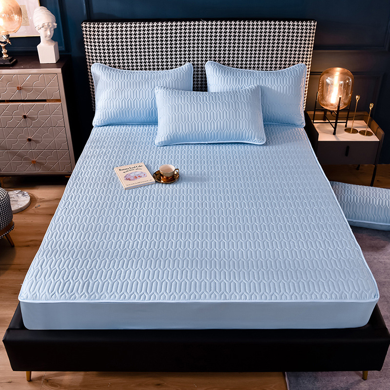 Fésült pamut ágyneműkészlet csúszásmentes, virágos mintázat, 3 részes készlet: lepedő, ágyneműtakaró és matracvédő, kimosott pamut, reaktív nyomtatás