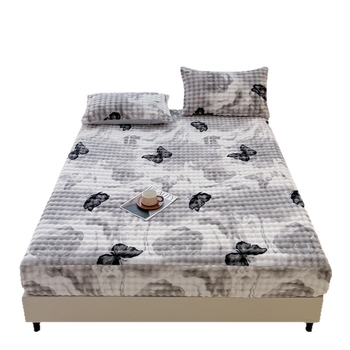 Set od tri dijela: napinjajuće plahte od mliječnog velura s floralnim uzorkom, debeli, za krevet 1,8 m