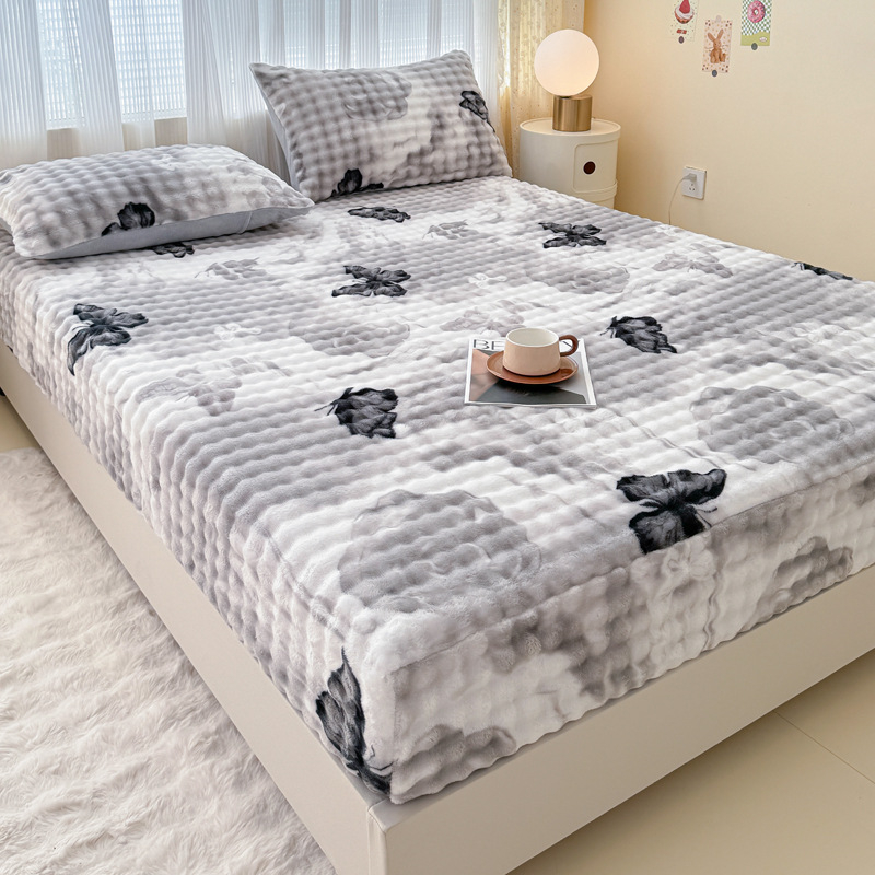 Set od tri dijela: napinjajuće plahte od mliječnog velura s floralnim uzorkom, debeli, za krevet 1,8 m