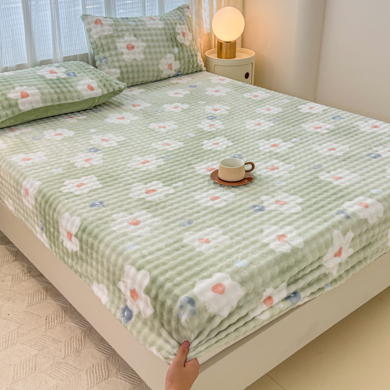 Set od tri dijela: napinjajuće plahte od mliječnog velura s floralnim uzorkom, debeli, za krevet 1,8 m