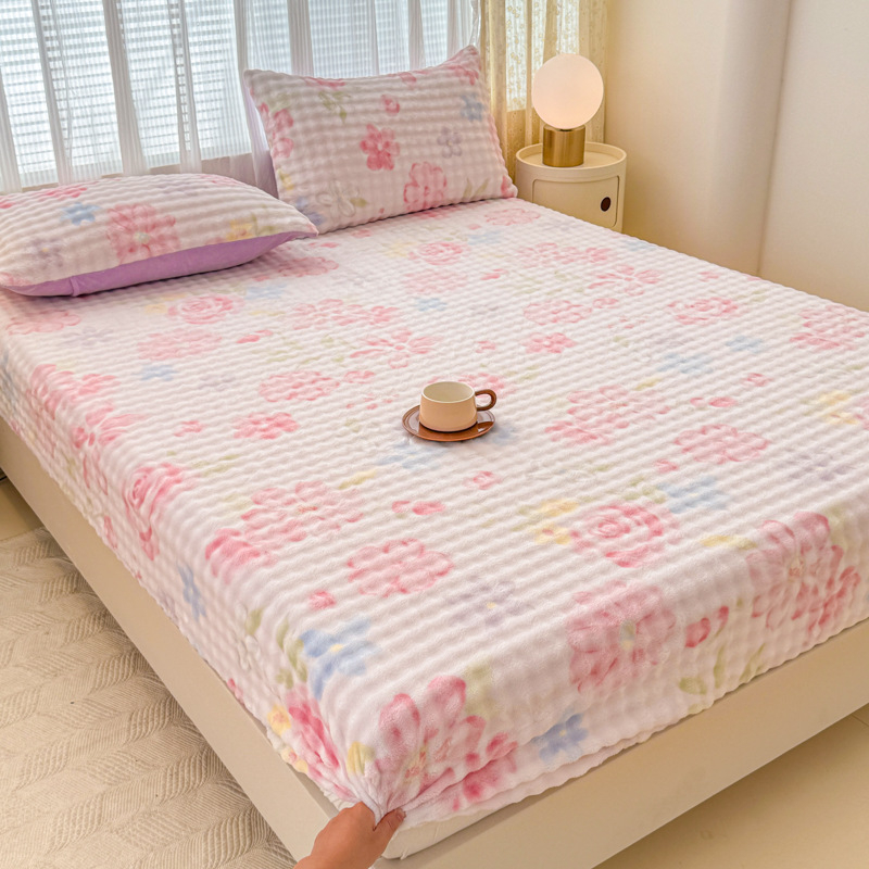 Set od tri dijela: napinjajuće plahte od mliječnog velura s floralnim uzorkom, debeli, za krevet 1,8 m