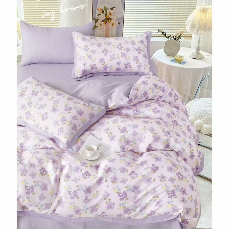 Pamukasti četverodijelni set posteljine s motivom biljaka i cvijeća, za sve sezone, INS-stil, reaktivno bojanje