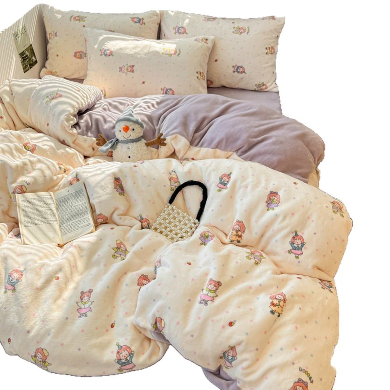 Őszi–téli tejbársony négyrészes ágyneműkészlet, vastag kétoldalas flanellel, paplanhuzattal és korall bársony ágyneműhuzattal