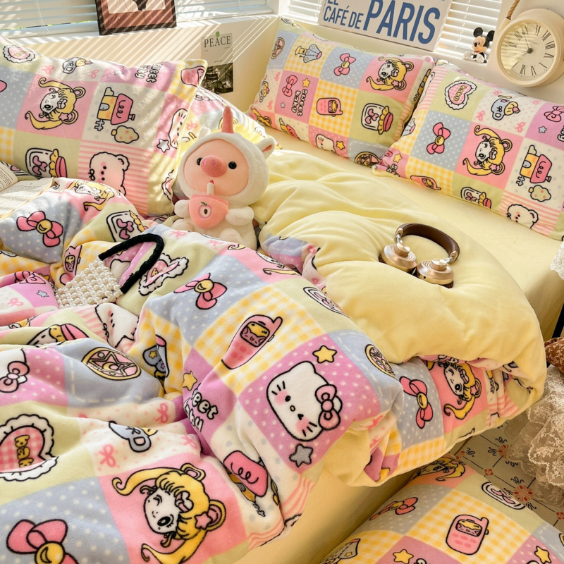 Őszi–téli tejbársony négyrészes ágyneműkészlet, vastag kétoldalas flanellel, paplanhuzattal és korall bársony ágyneműhuzattal