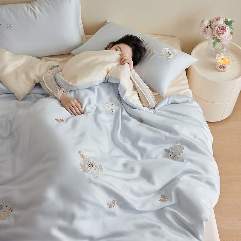 Lyocell négy darabos ágynemű készlet – egyszínű, szövés 100 szál, reaktív nyomtatás és festés, mosott szövés, rögzített lepedő-stílus