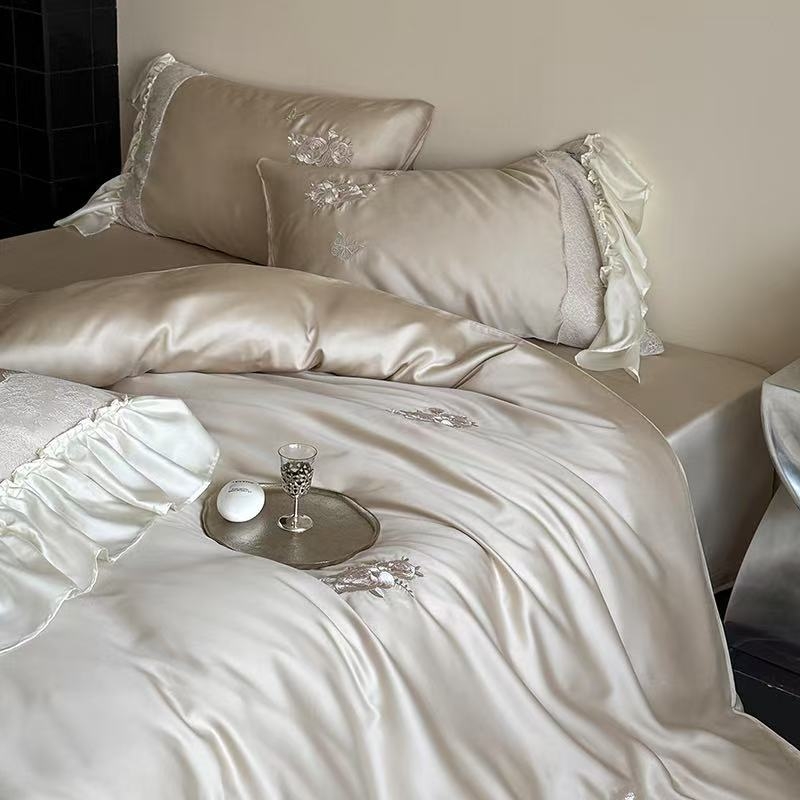 Lyocell négy darabos ágynemű készlet – egyszínű, szövés 100 szál, reaktív nyomtatás és festés, mosott szövés, rögzített lepedő-stílus