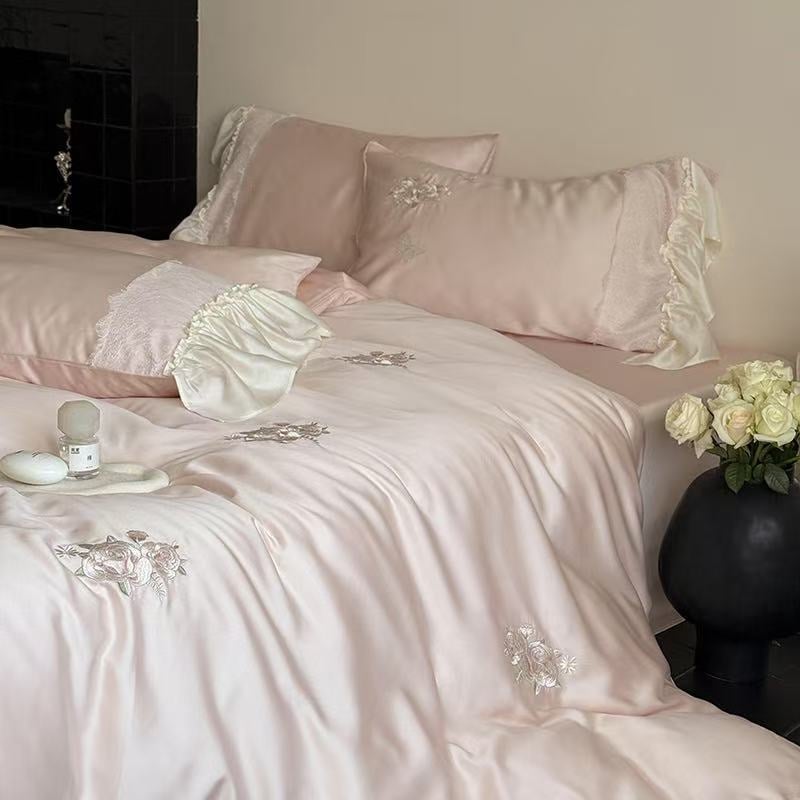 Lyocell négy darabos ágynemű készlet – egyszínű, szövés 100 szál, reaktív nyomtatás és festés, mosott szövés, rögzített lepedő-stílus