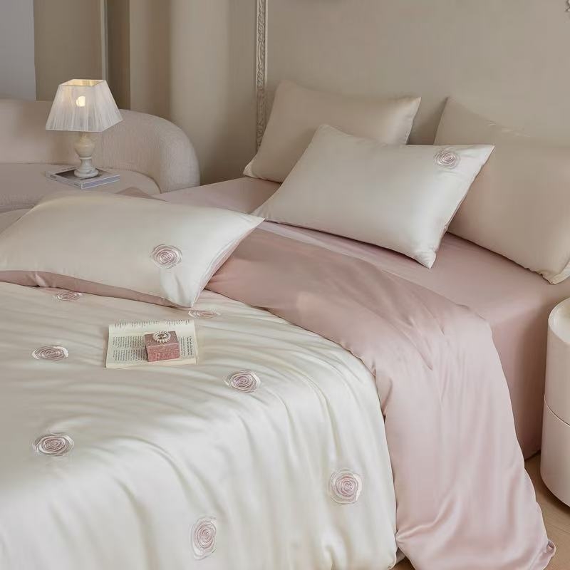 Lyocell négy darabos ágynemű készlet – egyszínű, szövés 100 szál, reaktív nyomtatás és festés, mosott szövés, rögzített lepedő-stílus