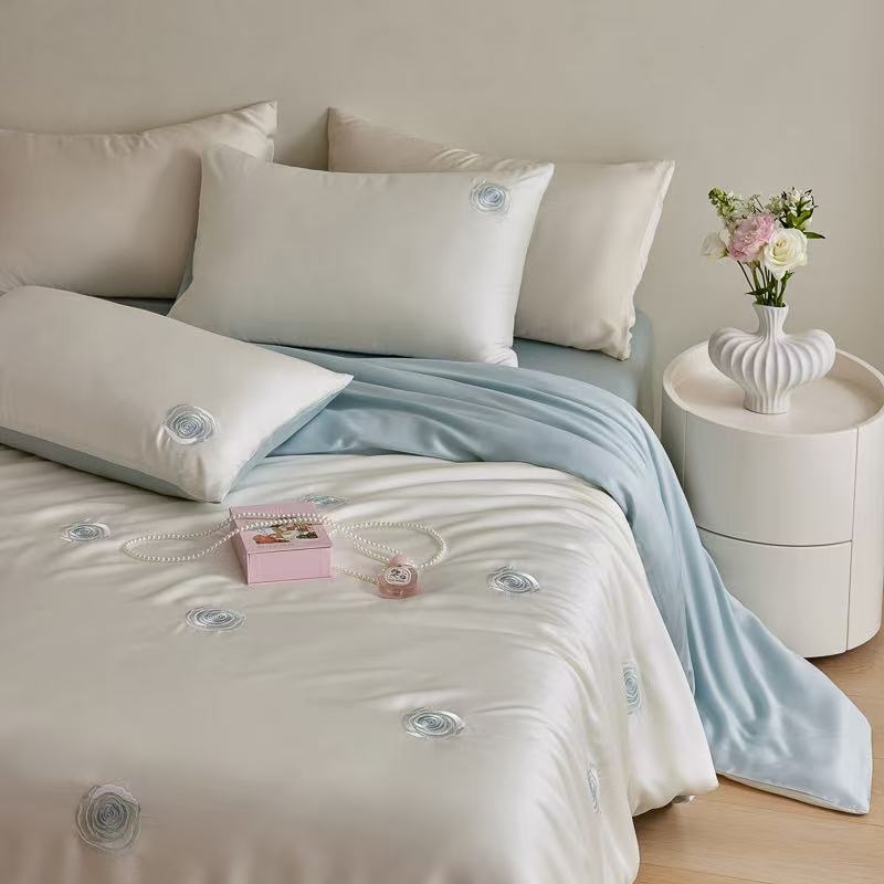Lyocell négy darabos ágynemű készlet – egyszínű, szövés 100 szál, reaktív nyomtatás és festés, mosott szövés, rögzített lepedő-stílus