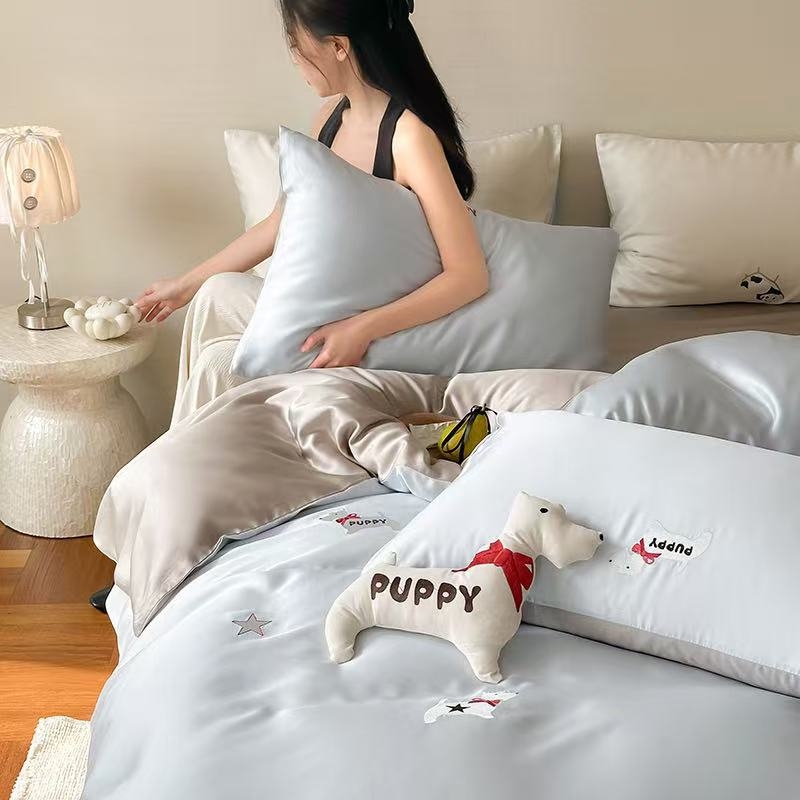 Lyocell négy darabos ágynemű készlet – egyszínű, szövés 100 szál, reaktív nyomtatás és festés, mosott szövés, rögzített lepedő-stílus