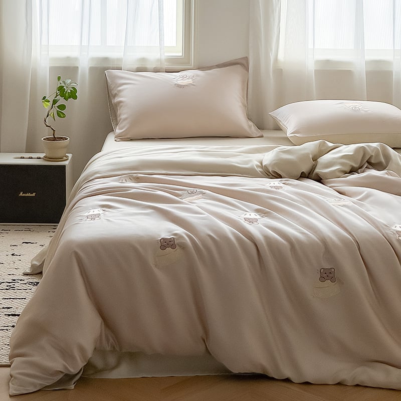 Lyocell négy darabos ágynemű készlet – egyszínű, szövés 100 szál, reaktív nyomtatás és festés, mosott szövés, rögzített lepedő-stílus