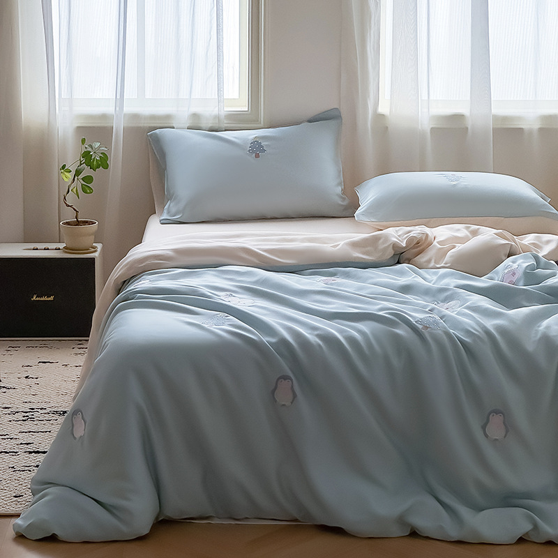 Lyocell négy darabos ágynemű készlet – egyszínű, szövés 100 szál, reaktív nyomtatás és festés, mosott szövés, rögzített lepedő-stílus